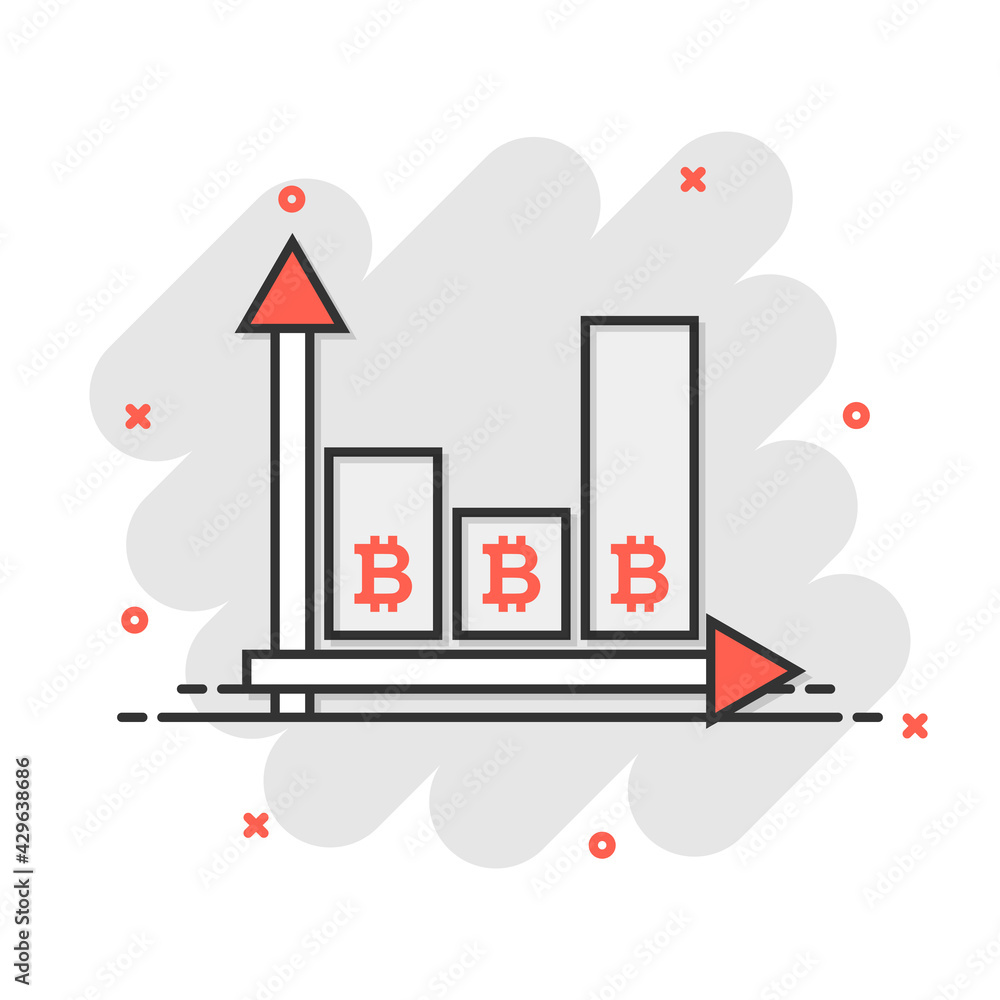 Obraz premium Bitcoin growth icon in comic style. Blockchain cartoon vector illustration on white isolated background. Cryptocurrency splash effect business concept.