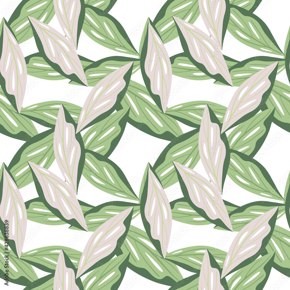Random foliage seamless pattern with lilac and green colored leaf elements. Isolated botanic print.