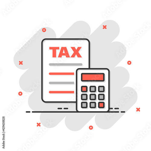 Tax payment icon in comic style. Budget invoice cartoon vector illustration on white isolated background. Calculate document splash effect business concept.