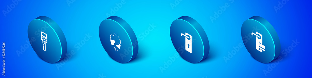 Set Isometric Car key with remote, Door handle, Digital door lock and Broken cracked icon. Vector Set Isometric Car key with remote, Door handle, Digital door lock and Broken cracked icon. Vector