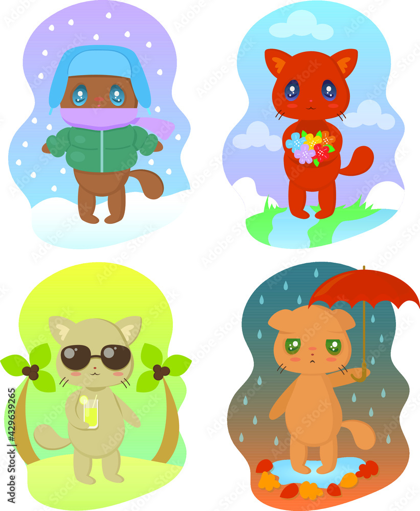 Cute kittens in different seasons of the year. A kitten in winter clothes, a kitten in the spring with flowers, a kitten in the fall with an umbrella and a kitten in the summer with a cocktail. Vector Cute kittens in different seasons of the year. A kitten in winter clothes, a kitten in the spring with flowers, a kitten in the fall with an umbrella and a kitten in the summer with a cocktail. Vector