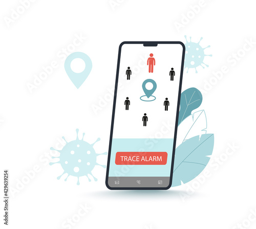 Covid-19 contact tracing system, transmit data, alert message about coronavirus risk contact. Mobile application to prevent spread virus. Banner, poster. Flat vector illustration, isolated objects.