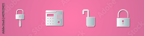 Set paper cut Lock picks for lock picking, House intercom system, Open padlock and icon. Paper art style. Vector