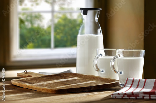 Fresh cold milk on table and free space for your decoration 