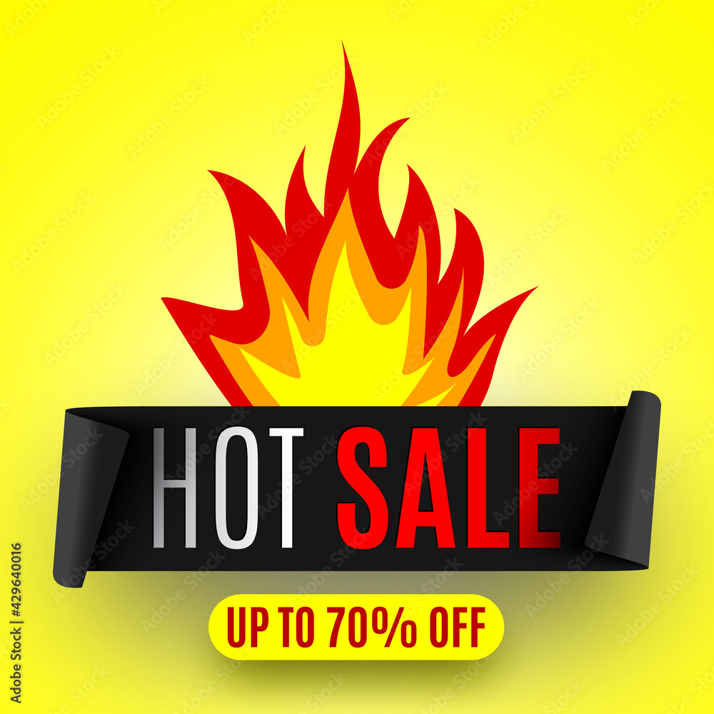 Hot sale banner with fire and black ribbon. Vector illustration. Hot sale banner with fire and black ribbon. Vector illustration.
