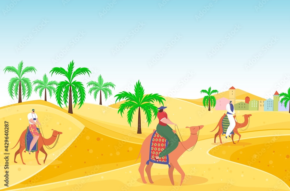 Travel outdoor hot desert people character riding camel, arabian travel hot vacation, oriental landscape flat vector illustration.