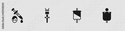 Set Sword with blood, Torch flame, Medieval flag and icon. Vector