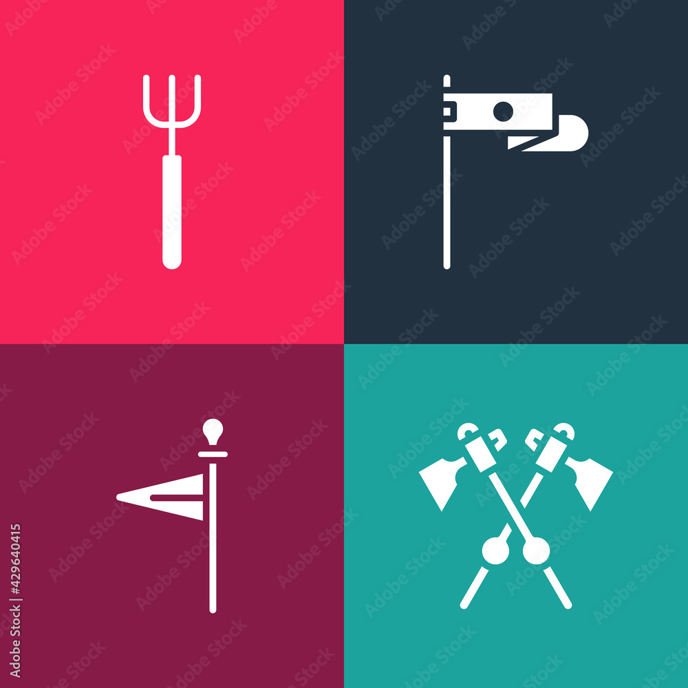 Set pop art Crossed medieval axes, Medieval flag, and Garden pitchfork icon. Vector Set pop art Crossed medieval axes, Medieval flag, and Garden pitchfork icon. Vector