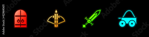 Set Medieval castle gate, Battle crossbow with arrow, sword and Wooden four-wheel cart icon. Vector