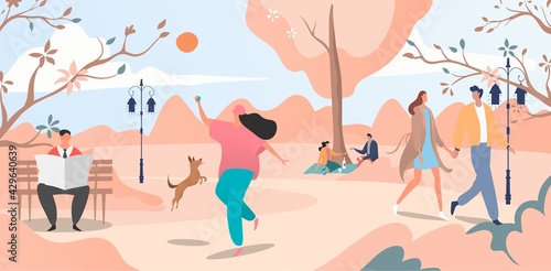 Lovely autumn urban garden place, cheerful people walking spring morning park, banner stroll area flat vector illustration.