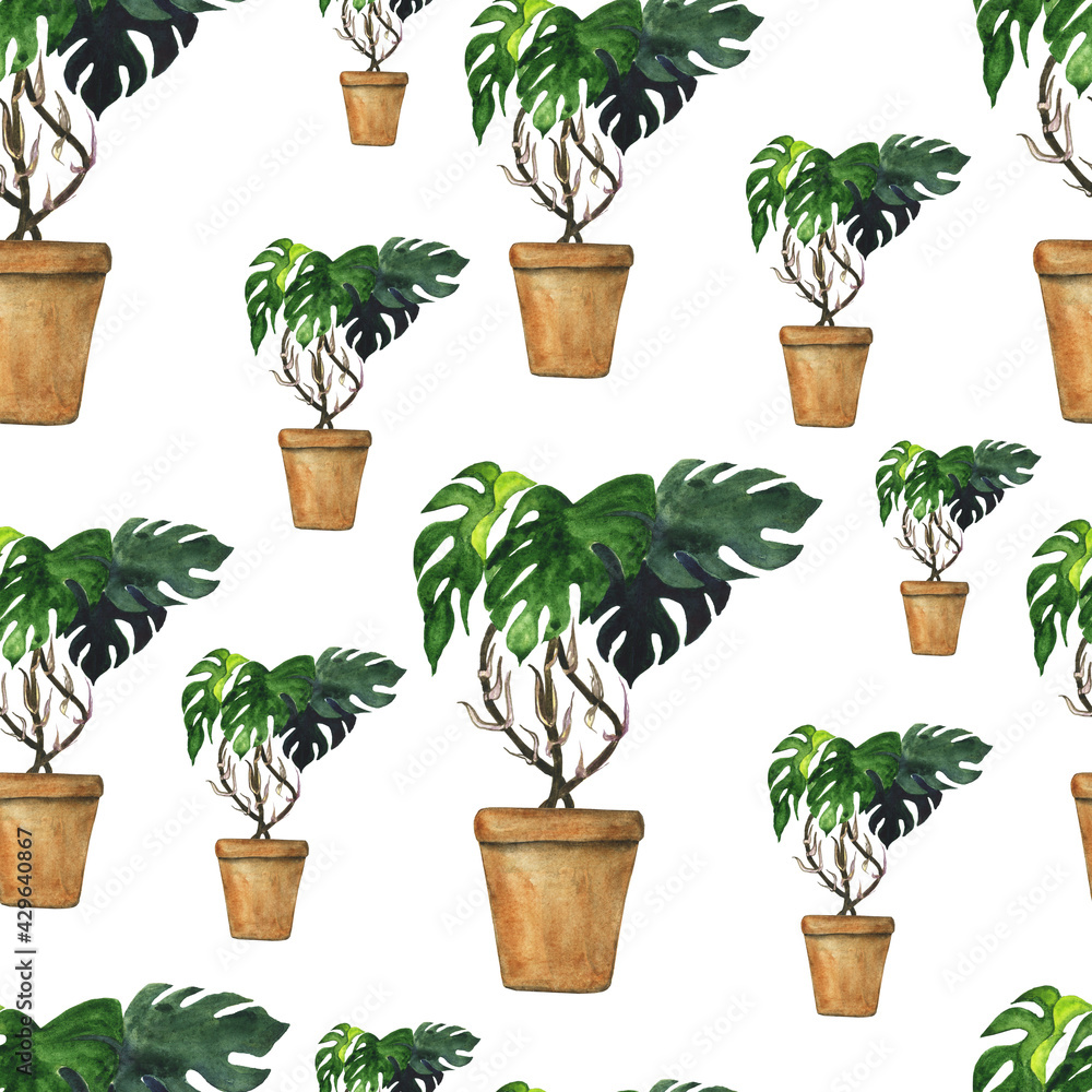 Monstera plant in pot in seamless pattern on white background. Watercolor hand drawing plant in pot. Perfect for textile or digital paper. Monstera plant in pot in seamless pattern on white background. Watercolor hand drawing plant in pot. Perfect for textile or digital paper.