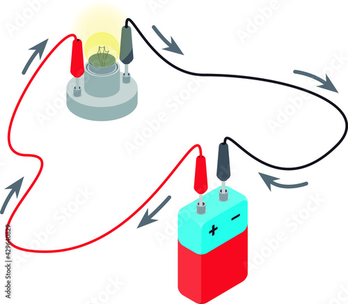Electrical current direction. Isolated vector illustration of a simple electrical circuit made of a lamp and a battery, in isometric view.