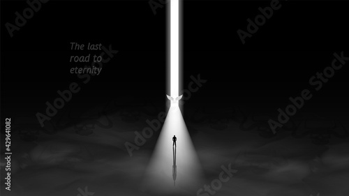 The last road to eternity. Black and white poster. A silhouette of a man, a shadow on a bright glowing white stripe. Light angel with wings and dark skulls with horns
