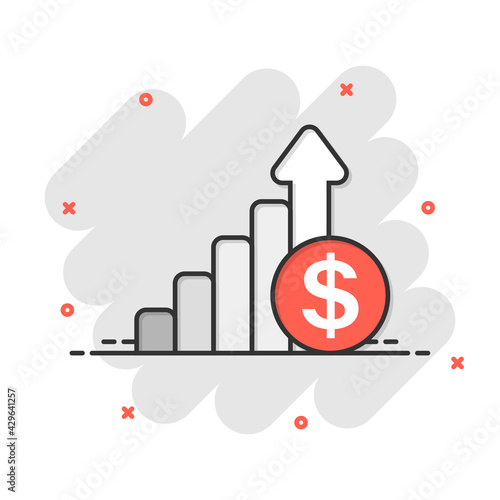 Growth arrow icon in comic style. Revenue cartoon vector illustration on white isolated background. Increase splash effect business concept.