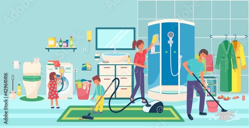Hardworking family general cleaning bathroom toilet place, people together cleanup shower cabin, floor purification flat vector illustration.