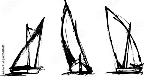 Traditional sailing boat, felucca, latin sail. Vector illustration.