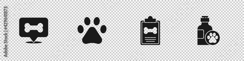 Set Dog bone, Paw print, Clinical record pet and Pet shampoo icon. Vector