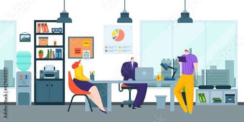 Colleague people business teamwork, office space worker creative ponder idea, industry thought brainstorming flat vector illustration.