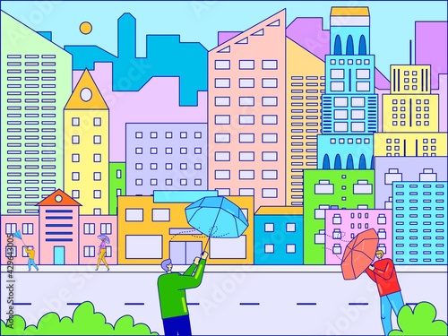 People citizen hold umbrella, city windy day bad weather, atmospheric condition street road line flat vector illustration, isolated on white.