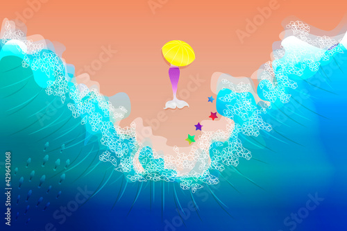 Resting on beach. Mermaid relaxing and sunbathing under umbrella. Summer fantasy background