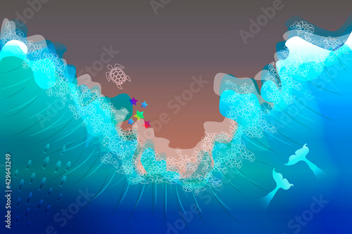 Ocean beach in the night. Underwater world, mermaids, fishes, tortoise view from above