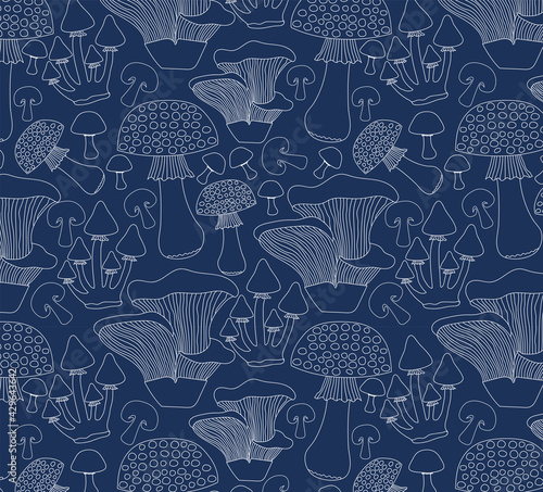 Seamless mushroom print, blue and white.