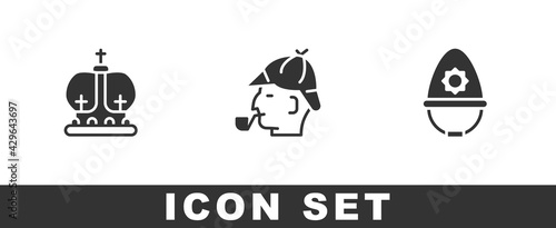 Set British crown, Sherlock Holmes and police helmet icon. Vector