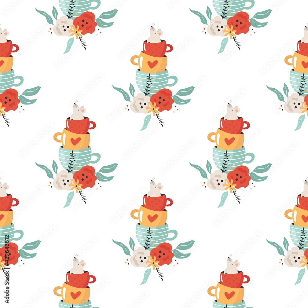 Seamless pattern with mouse sitting in tea cup