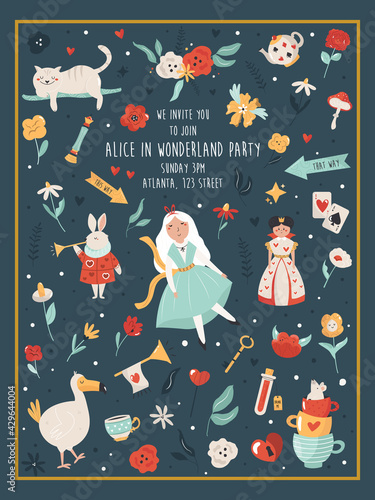 Party invitation with characters and symbols of Alice in Wonderland