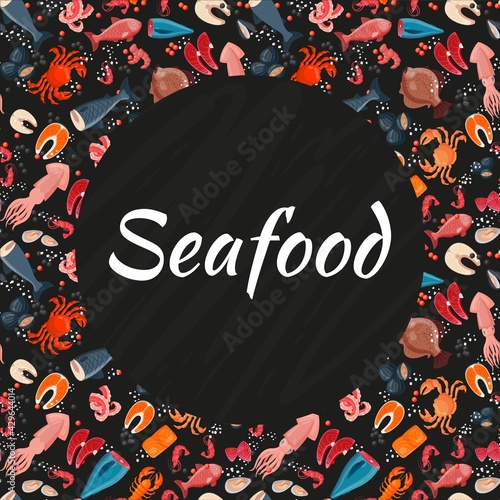 Seafood seamless background pattern, banner sea product foodstuff icon stuff flat vector illustration, advertisement wrapping template.