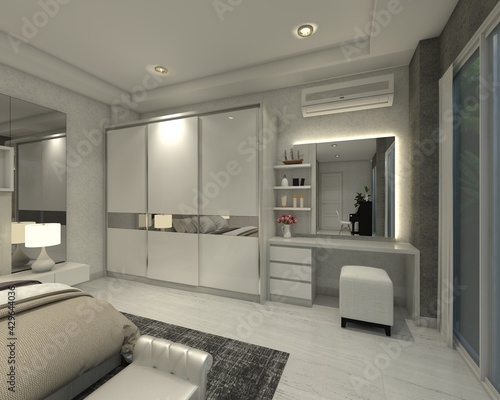 Foto Interior bedroom using Minimalist wardrobe clothes and dressing table with mirror panel