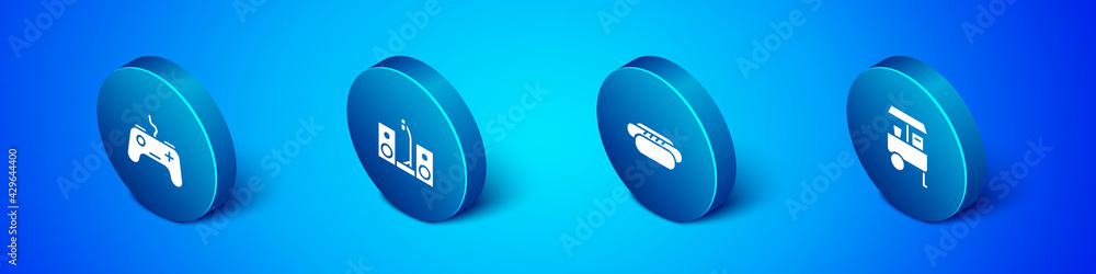 Set Isometric Gamepad, Hotdog, Fast street food cart and Home stereo with two speakers icon. Vector Set Isometric Gamepad, Hotdog, Fast street food cart and Home stereo with two speakers icon. Vector