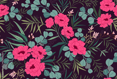 Seamless floral pattern. Trendy bouquet of pink peonies and small flowers and leaves. Bright flowers on dark violet background in vintage fashion oriental style. Stock vector for prints on surface.