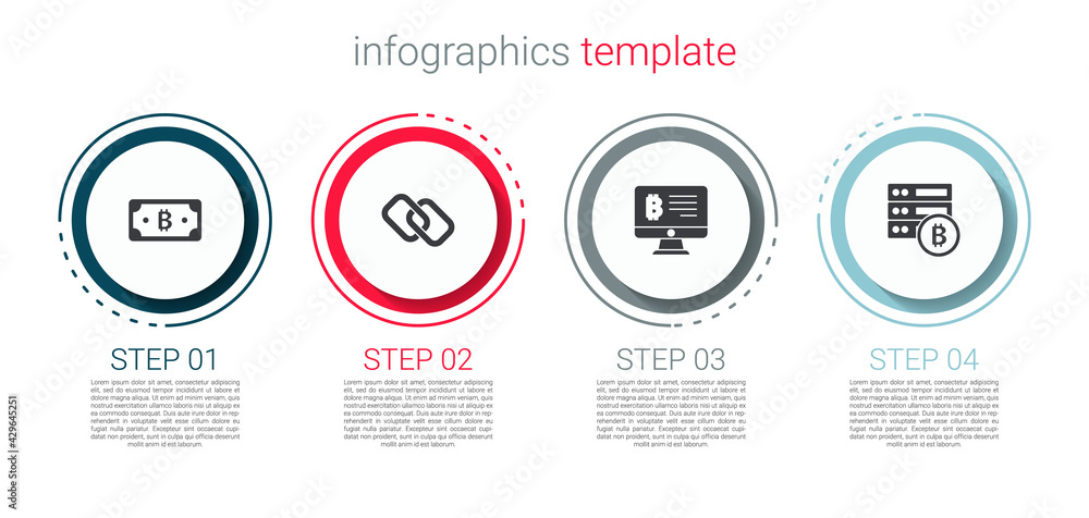 Set Cryptocurrency bitcoin, Chain link, Mining from monitor and Server. Business infographic template. Vector Set Cryptocurrency bitcoin, Chain link, Mining from monitor and Server. Business infographic template. Vector