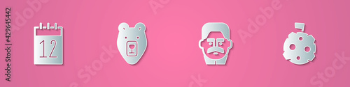 Set paper cut Calendar 12 june, Bear head, Joseph Stalin and Moon with flag icon. Paper art style. Vector