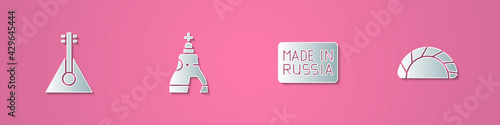 Set paper cut Balalaika, The Tsar bell, Made in Russia and Dumpling icon. Paper art style. Vector