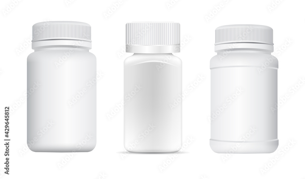 Pill tub. Supplement bottle mockup, capsule jar, small container sample 3d vector. Remedy bottle, pharmacy product with lid. Antibiotic tablet jar, remedy bottle design, matte plastic package Pill tub. Supplement bottle mockup, capsule jar, small container sample 3d vector. Remedy bottle, pharmacy product with lid. Antibiotic tablet jar, remedy bottle design, matte plastic package