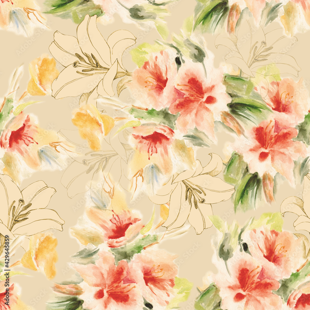 Seamless floral background from watercolor rose with graphic lily.