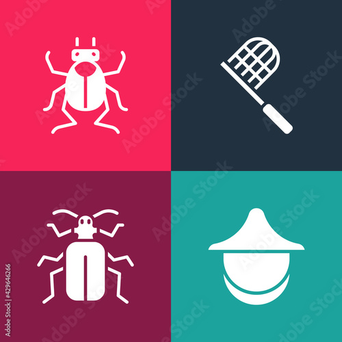 Set pop art Beekeeper hat, Chafer beetle, Butterfly net and Beetle bug icon. Vector
