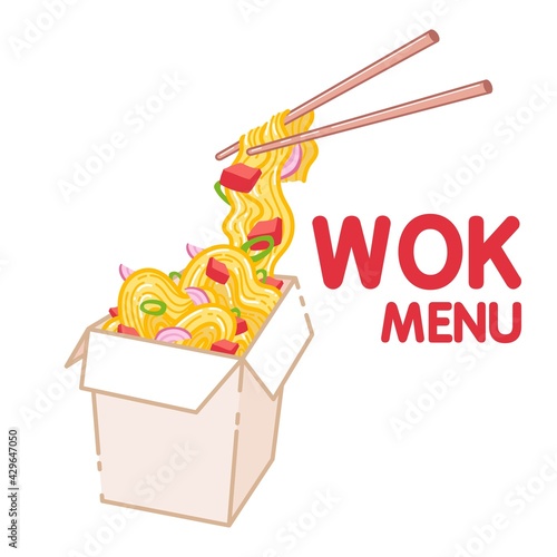 Wok with egg noodles and vegetables. Traditional asian food. Chinese, Japanese cuisine. Fast food takeout in a box. Minimalistic flat design. Isolated cartoon illustration