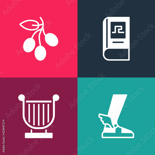 Set pop art Hermes sandal, Ancient lyre, Greek history book and Olives branch icon. Vector