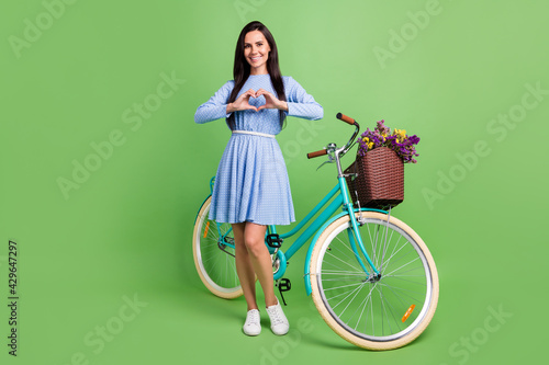 Fototapeta Naklejka Na Ścianę i Meble -  Full body photo of flirty brown hair lady show heart with bicycle wear dress isolated on green background