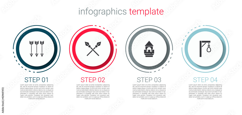 Set Crossed arrows, medieval spears, Castle tower and Gallows. Business infographic template. Vector Set Crossed arrows, medieval spears, Castle tower and Gallows. Business infographic template. Vector