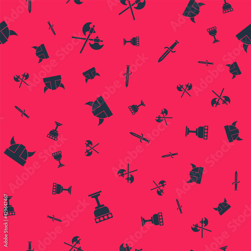 Set Medieval goblet, Crossed medieval axes, Viking in horned helmet and Dagger on seamless pattern. Vector