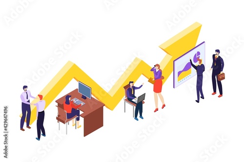 People teamwork character working office space, job improve performance and overall result 3d isometric vector illustration, isolated on white.