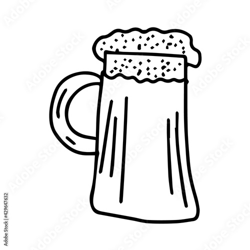 Beer mug with foam hand-drawn in the style of doodle graphics. An isolated element. Foamy drink in a mug