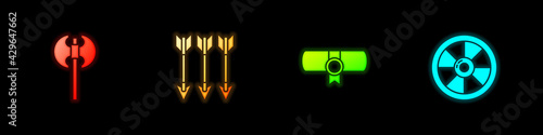 Set Medieval axe, Crossed arrows, Decree, parchment, scroll and Round wooden shield icon. Vector