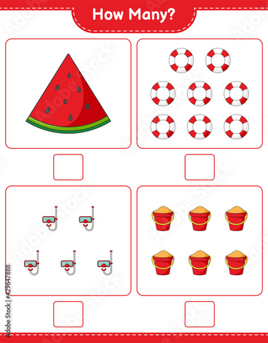 Counting game, how many Watermelon, Lifebuoy, Scuba Diving Mask, and Sand Bucket. Educational children game, printable worksheet, vector illustration