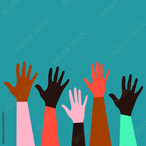 Hands of people of different nationalities and religions. Feminism concept design for cards, posters with blue background. Activists stick together. Voting in elections. Vector graphics.