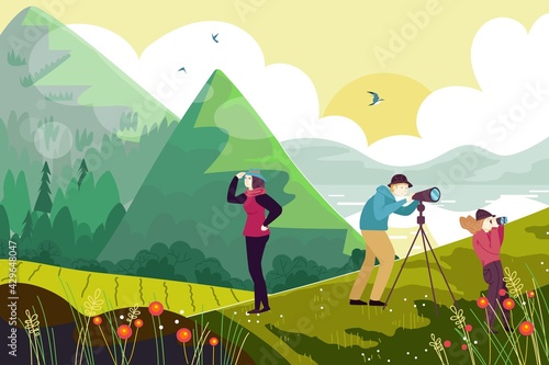 Outdoor hiking people character watch bird mountain and lake, ornithologist family together observe fowl flat vector illustration.